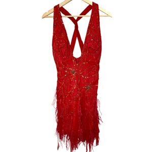 NWT Mandalay Red Silk Beaded Fringe Party Cocktail Mini Evening Dress Womens 8